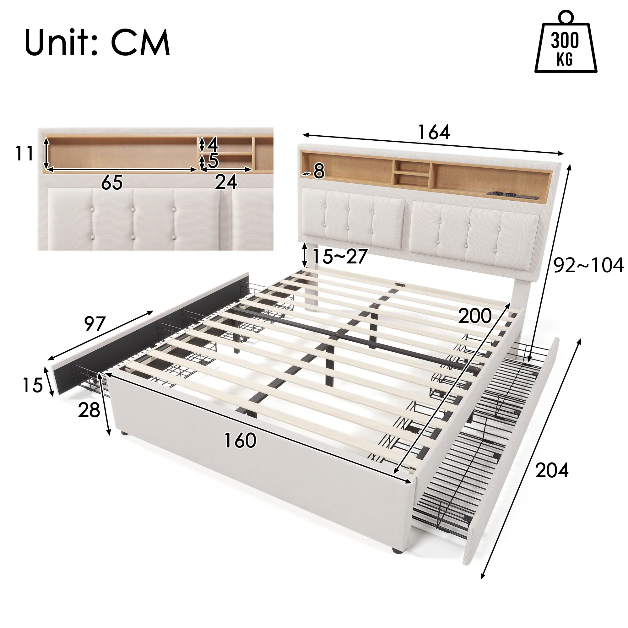 VSOGA 160x200 Cm Double Bed With 4 Drawers And USB C Socket, Upholstered Bed, Height-adjustable Headboard