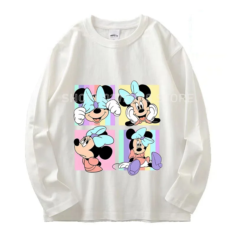 Mickey Minnie Maus Top Rundhals Baumwolle lose Langarm Frauen Cartoon Anime Charakter weiß einfache Basis schichten Geburtstags geschenk