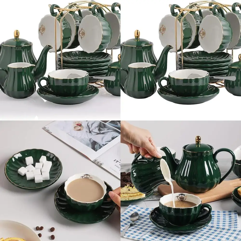 

British Royal Porcelain Tea Set, 8oz Cups & Saucer for 6, with Teapot, Sugar, Creamer, Teaspoons, and Strainer, Ideal for High T