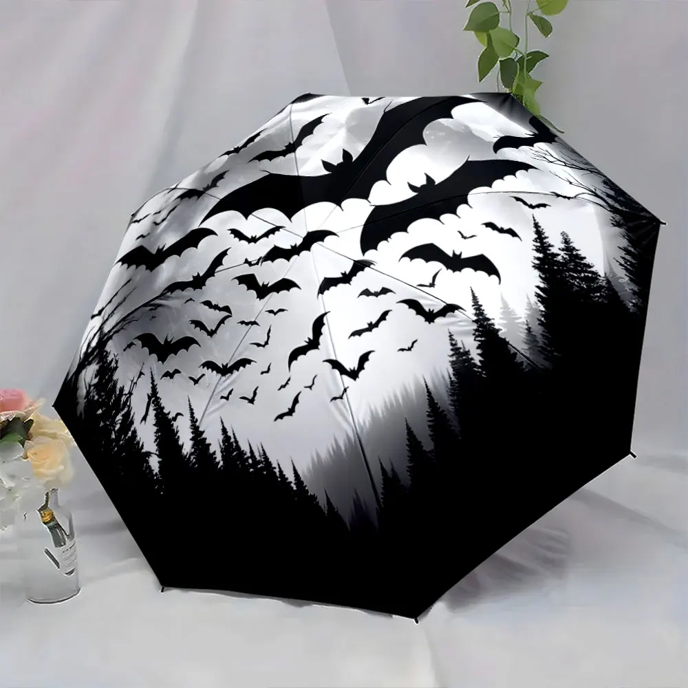 1PC Bat-Themed Umbrella with Mysterious Forest Design Print 8 Iron Ribs Folding Umbrella Auto-Open Fashion Sunshade