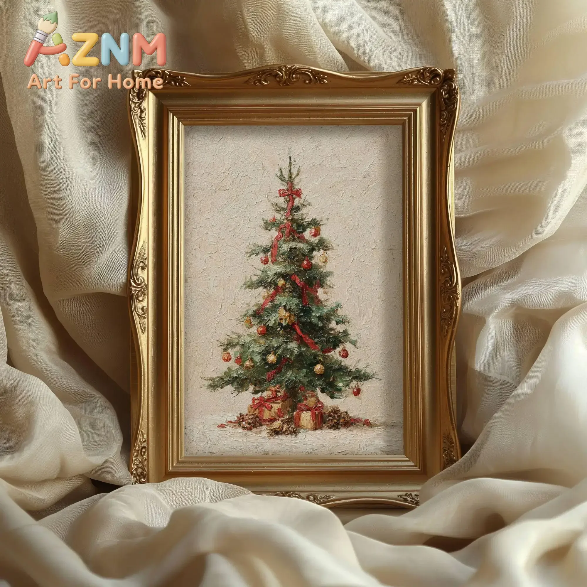 AZNM Vintage Christmas Canvas Wall Art, Xmas Tree Candy Cane Bells Snow Globe Bauble Print, Dark Academia Holiday Poster, Unfram