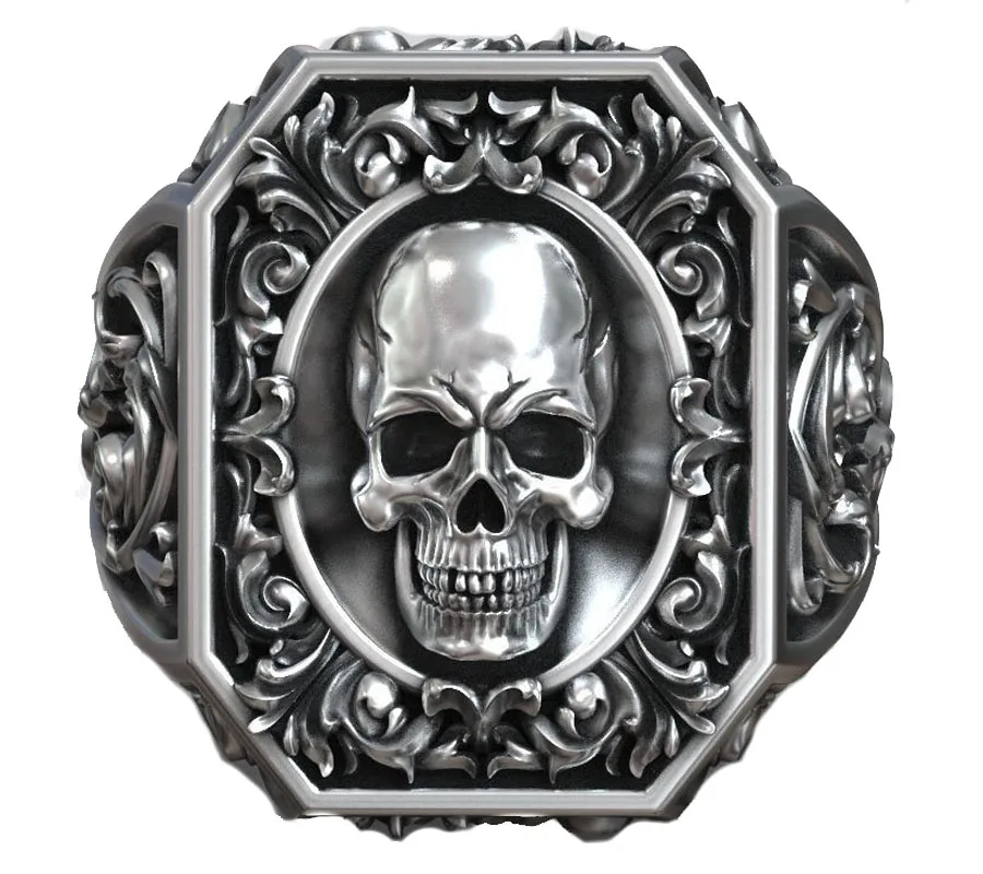 

18g Royal Vintage Skull Rococo Pattern Signet Mens Rings Customized 925 Solid Sterling Silver Ring Many Sizes 6-13