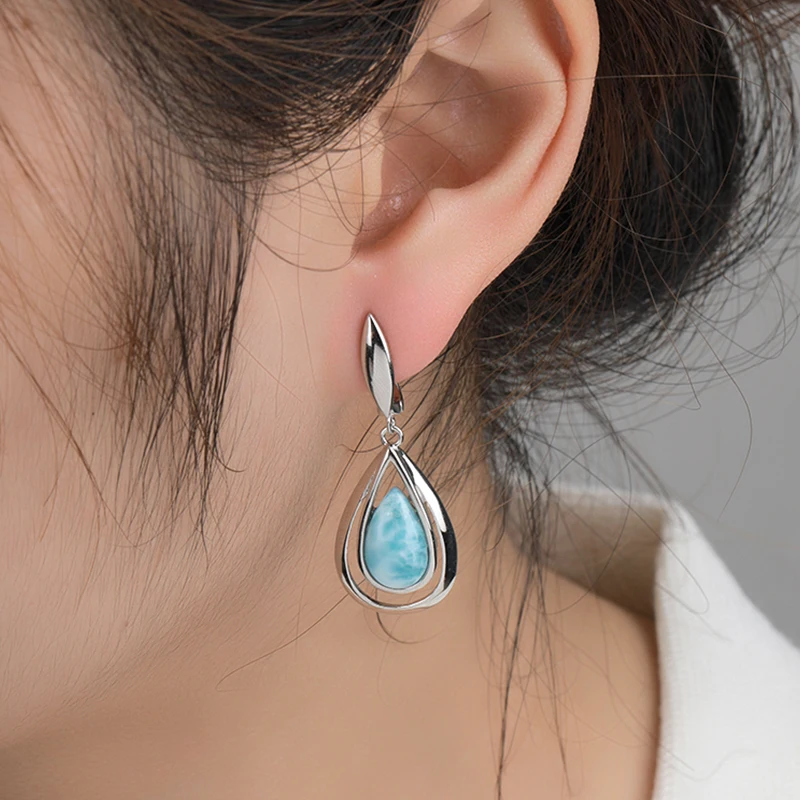 XYOP 925 Sterling Silver Classic Touch Piece Natural Larimar Earring Jewelry Personality Party