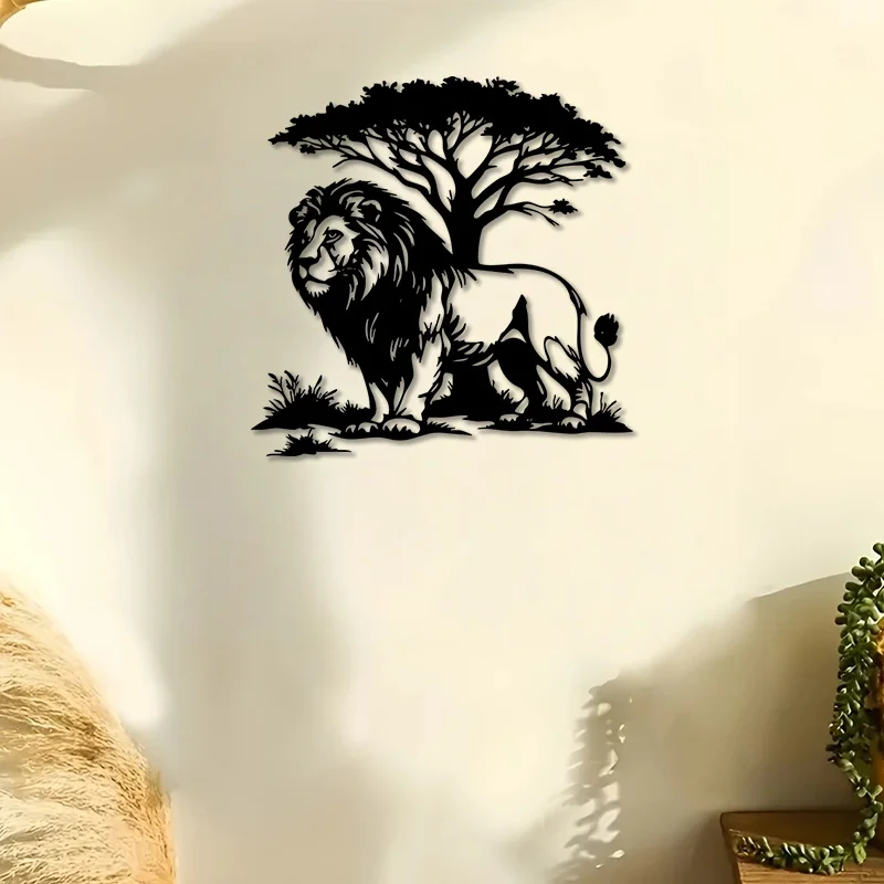 Brand 2D Flat Black And White Lion With Tree Metal Wall Art,Laser‑Cut African Savanna Wildlife Silhouette Decor for Living Room
