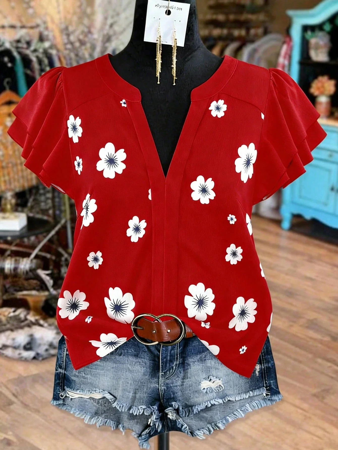 

Red Floral Print V-Neck Ruffle Sleeve Blouse Casual Loose Fit Summer