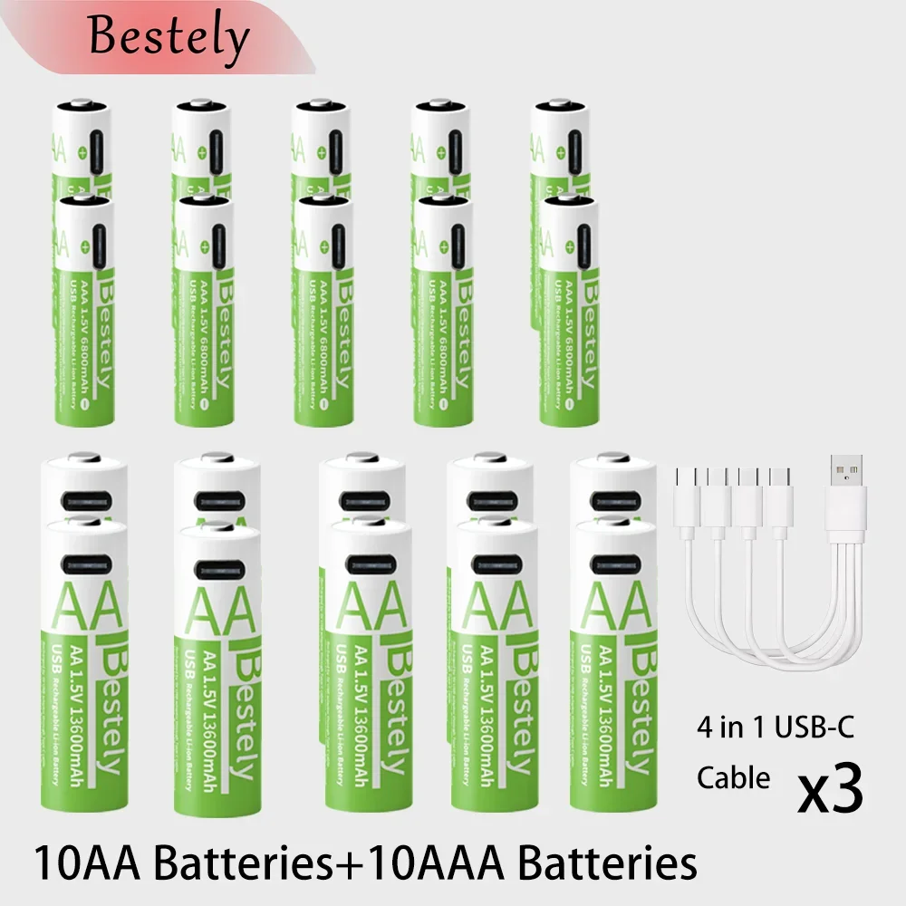 Nieuwe 1,5 V AA 13600 mAh + AAA 6800 mAh oplaadbare lithiumbatterijen Snel opladen Li-ionbatterij 2000 cycli met gratis USB-C-kabels