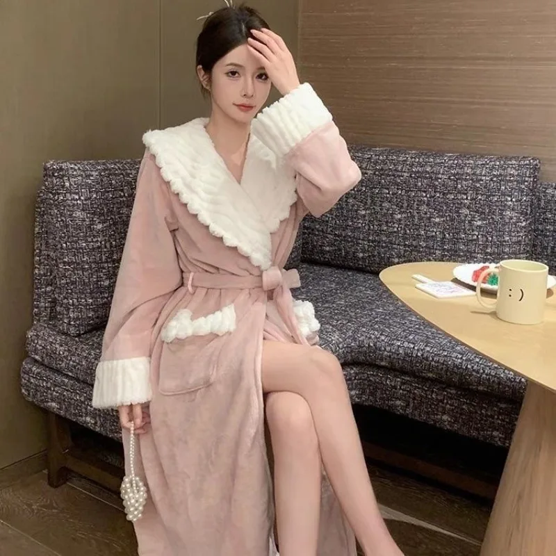 2023 New Pajamas Women Thickened Lengthened Sleepwear Coral Velvet Bathrobes Autumn Winter Homewear Large Lapel Waistband Robes