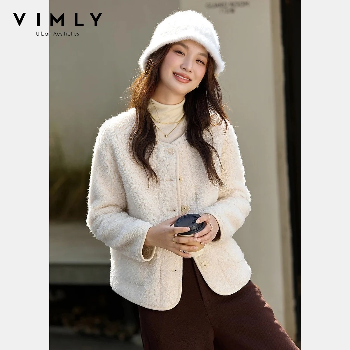 VIMLY Elegant Faux Fur Coat for Women 2026 Crew Collar Short Outerwears Versatile Thicken Warm Fall Winter Jacket Female A3213