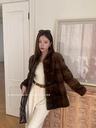 HDHOHR 2026 New 100% Real Mink Fur Coats Women Fashion Natural Mink Fur Coat Warm Short With Big Hat Outerwear Winter Jacket