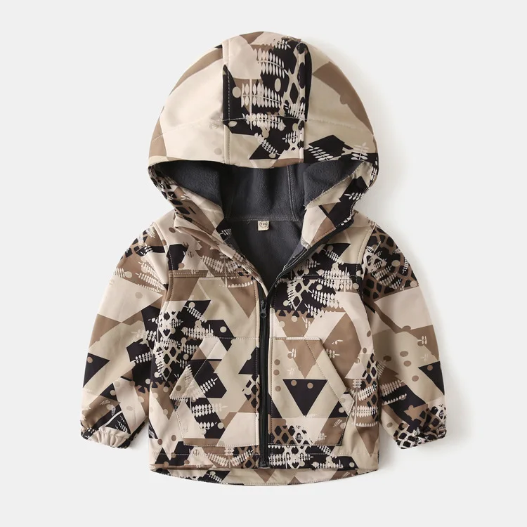 24 Autumn and winter new boys and girls outdoor printed fleece soft-shell hardshell jacket windbreaker coat waterproof and warm