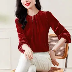 Women's Autumn and Winter New Round Neck Pullover Fashion Elegant Upscale Gold Velvet Casual and Versatile Lantern Sleeve Tops