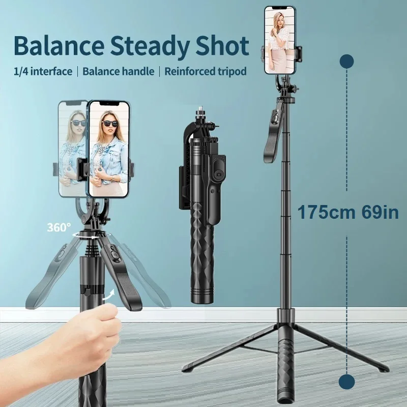 68.9’‘/175cm Tall Wireless Selfie Stick 360° Rotation Panorama Phone Holder Tripod for Mobile Smartphone Action Camera Gimbal