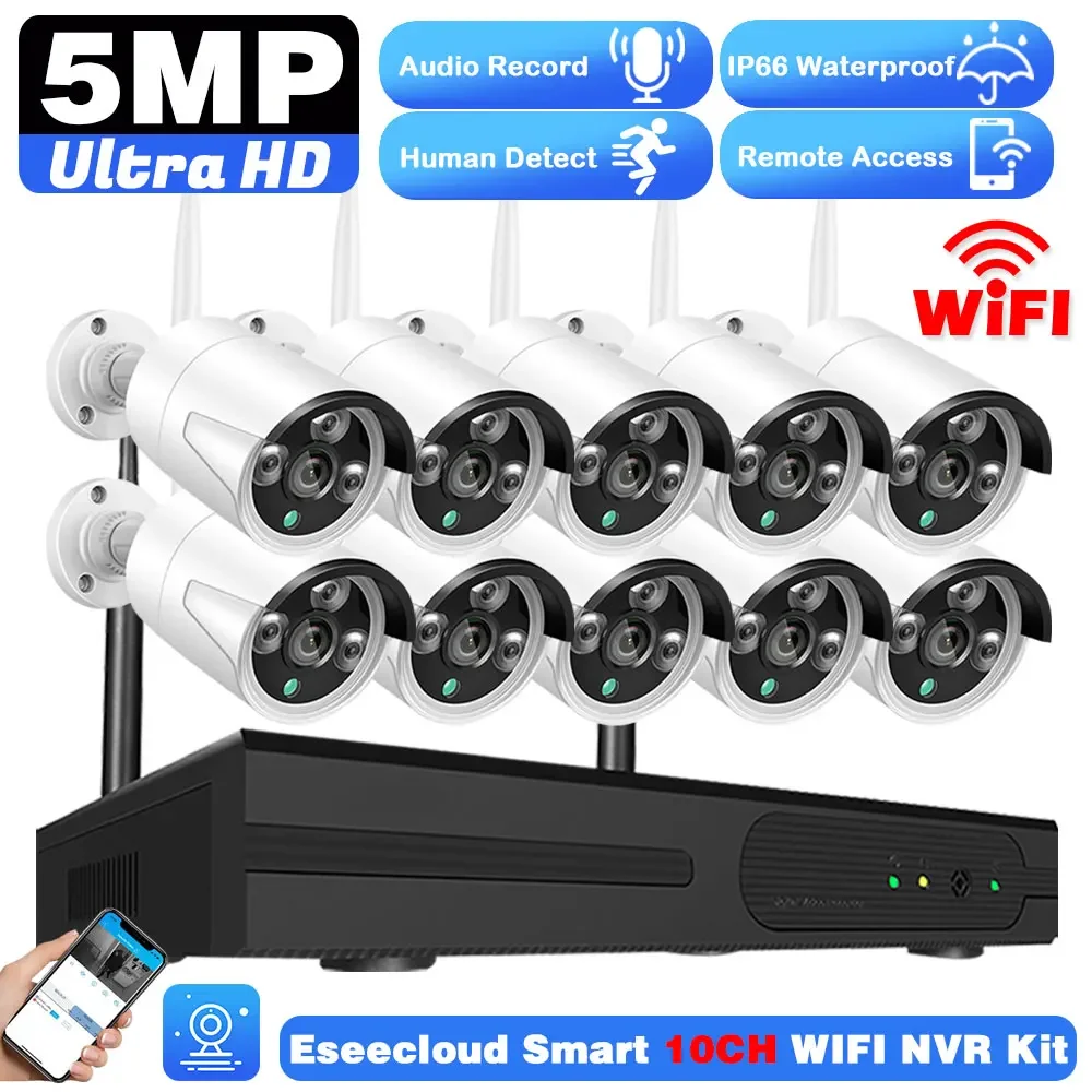 Sistema de cámaras de vigilancia para el hogar, Kit de cámaras de seguridad de 5MP, HD, WIFI, inalámbrico, NVR de 10 canales, H.265 + P2P, para