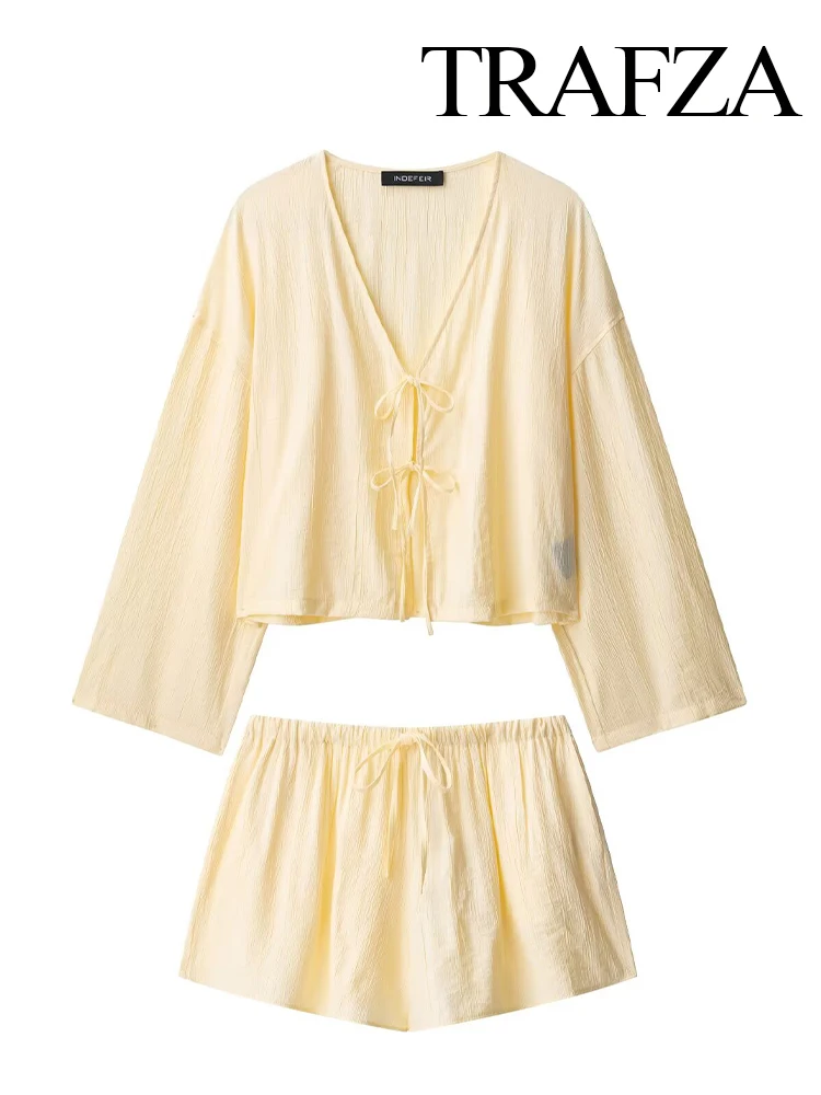 

TRAFZA Women Summer New V Neck Cozy Wrinkle Effect Set Long Sleeve V-neck Lace Up Top+High Waist Drawstring Pocket Shorts Suit