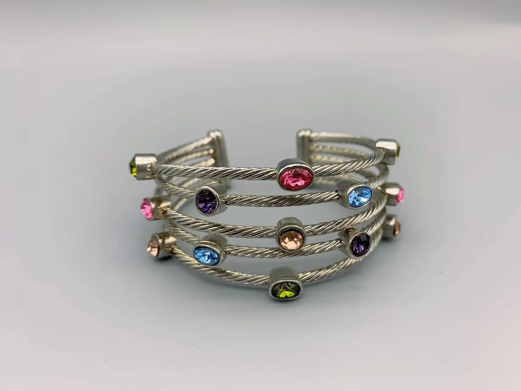 

Le Han Jewelry Silver Crossover Five Row Cuff Bracelet With Multi Colour Stone