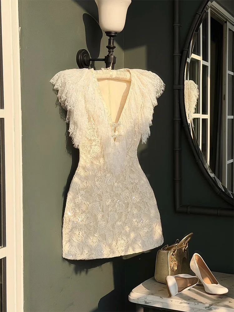 

Elegant Sequin Slim Fit Deep V-Neck Knot Dress Women's High-End Sensation Luxury Dress for Party And Wedding