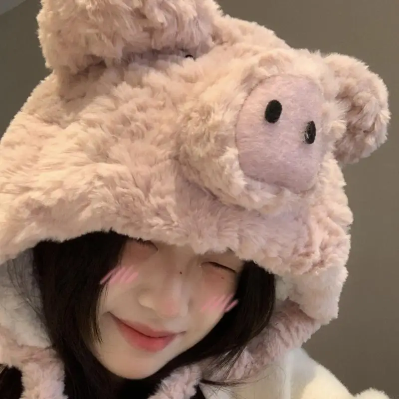 G5GC Cartoon Pig Plush Hat Fun Earflap Designs Thermal Furry Animal Hat for Kids Teens Adults Cosplay Party Winter Headwear