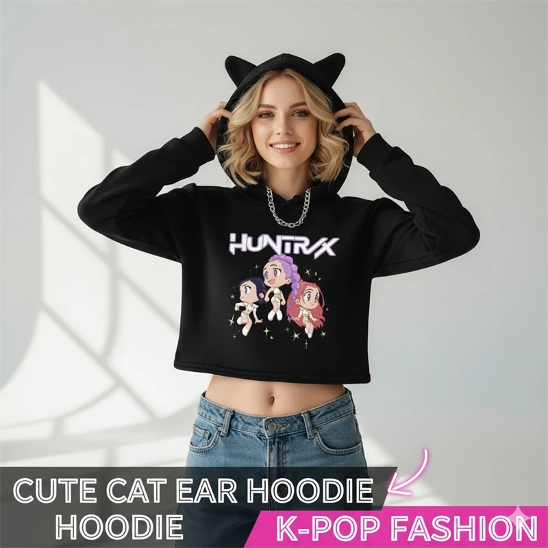 

Kawaii Cat Ear Crop Hoodie for Girls Kpop Streetwear Anime Graphic Sweatshirt with “Won’t Miss” Print