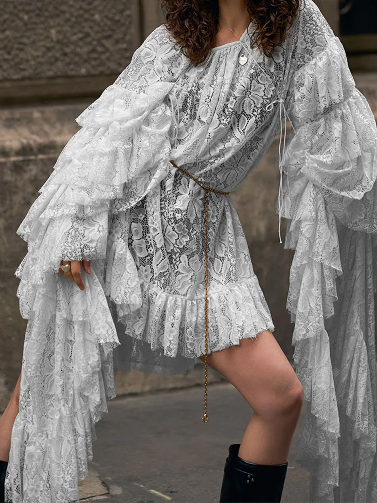 فستان عصري عالي الشارع 2026 للربيع والخريف نمط جديد من الدانتيل منظور لوتس ليف حافة كم رغبة نقية نمط تنورة قصيرة #3