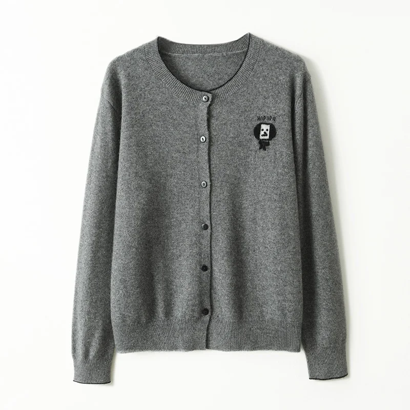 Casual Cute Style Puppy Embroidery Cardigan For Women 100% Pure Cashmere Sweater New Autumn Round Neck Knit Sweater Top
