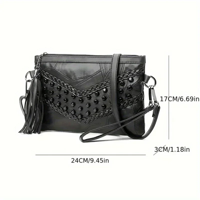 Studded Decor Crossbody Bag, Gothic Black Shoulder Bag, Trendy Wrist Clutch Purse With Tassel