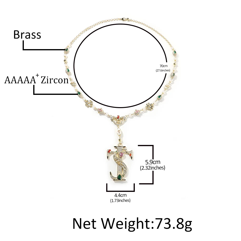 THE BLING KING JS Initial Pendant Necklace Iced Out Multi-Color Zircon Hip Hop Jewelry Beaded Chain Statement Necklace for Women