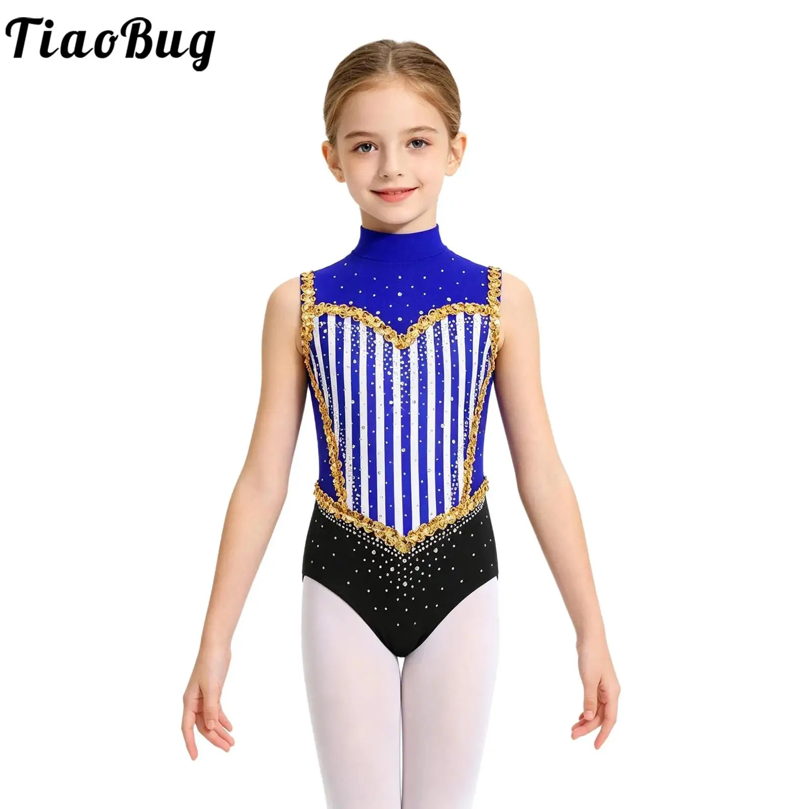 Kids Girls Halloween Circus Ringmaster Costume Sleeveless Glitter Rhinestones Striped Bodysuit Ballet Dance Gymnastics Leotards