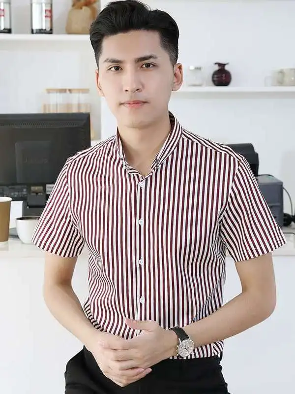 

Мужская летняя рубашка Slim Fit в полоску с коротким рукавом, квадратным воротником, из искусственной кожи, утолщенная, деформируемая, для повседневной носки (для мужчин среднего возраста)