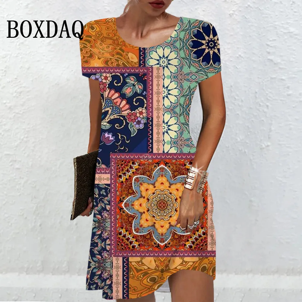 

2024 Vintage Pattern Ethnic Style Flower Dress Women Geometry Print Loose Dress Summer Casual Plus Size Short Sleeve Dresses 6XL