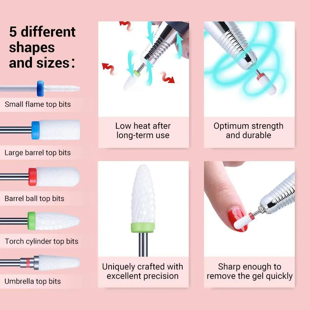매니큐어용 세라믹 밀링 커터, 젤 바니시 제거 네일 드릴 비트, 전기 기계 액세서리 도구, 5 개