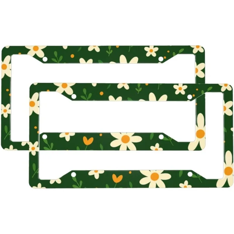Cute Daisy Pattern 2-Pack Aluminum License Plate Frames Universal Car License Plate Holder with 4 Holes and Screws 2D Flat