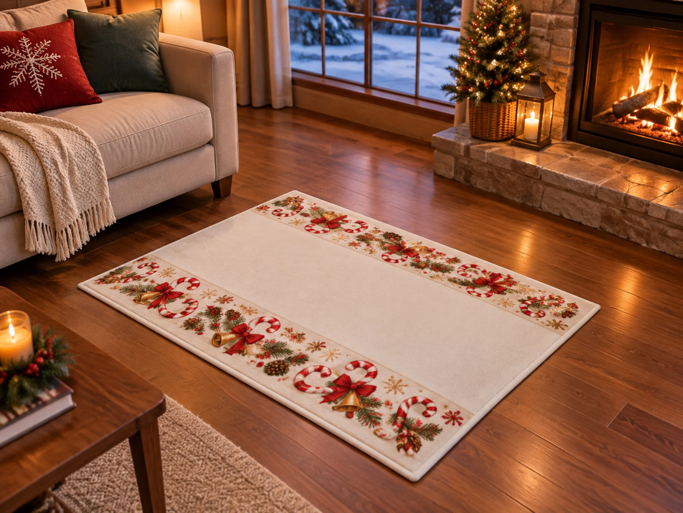 VIKAMA Christmas Amber Brown Candy Cane Flannel Door Mat, Non-Slip Entryway Door Mat, Xmas Decor for Mudroom, Farmhouse