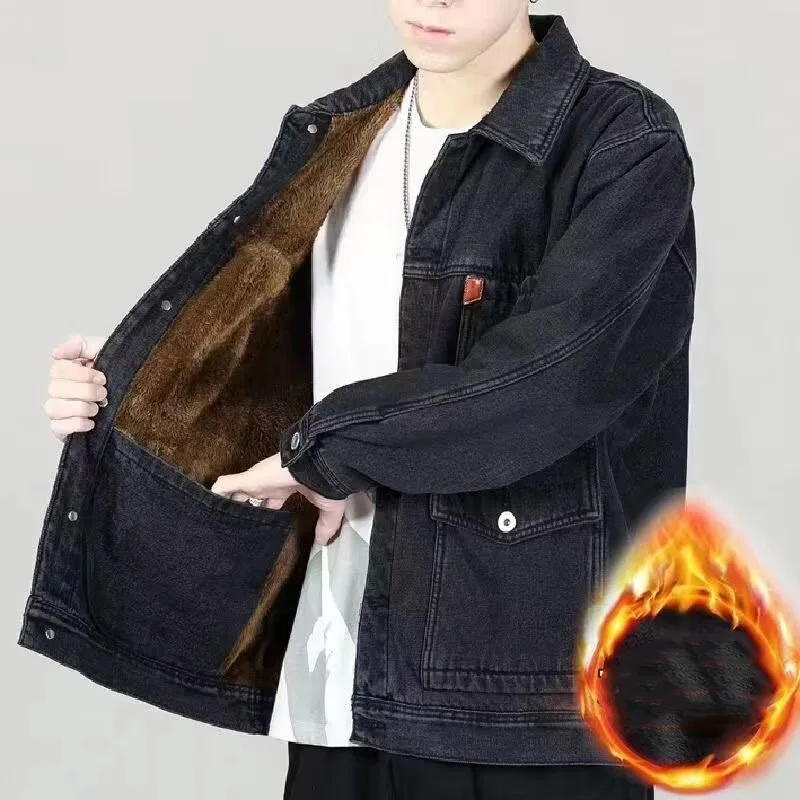 Autumn Winter Men Plush Jacket Turn Down Collar Pocket Male Denim Coat Thicken Fleece Single-breasted Long Sleeve Man Outerwear