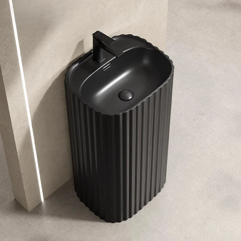 

Rounded corner wavy pattern retro column basin Nordic black floor wash basin Light luxury column washbasin