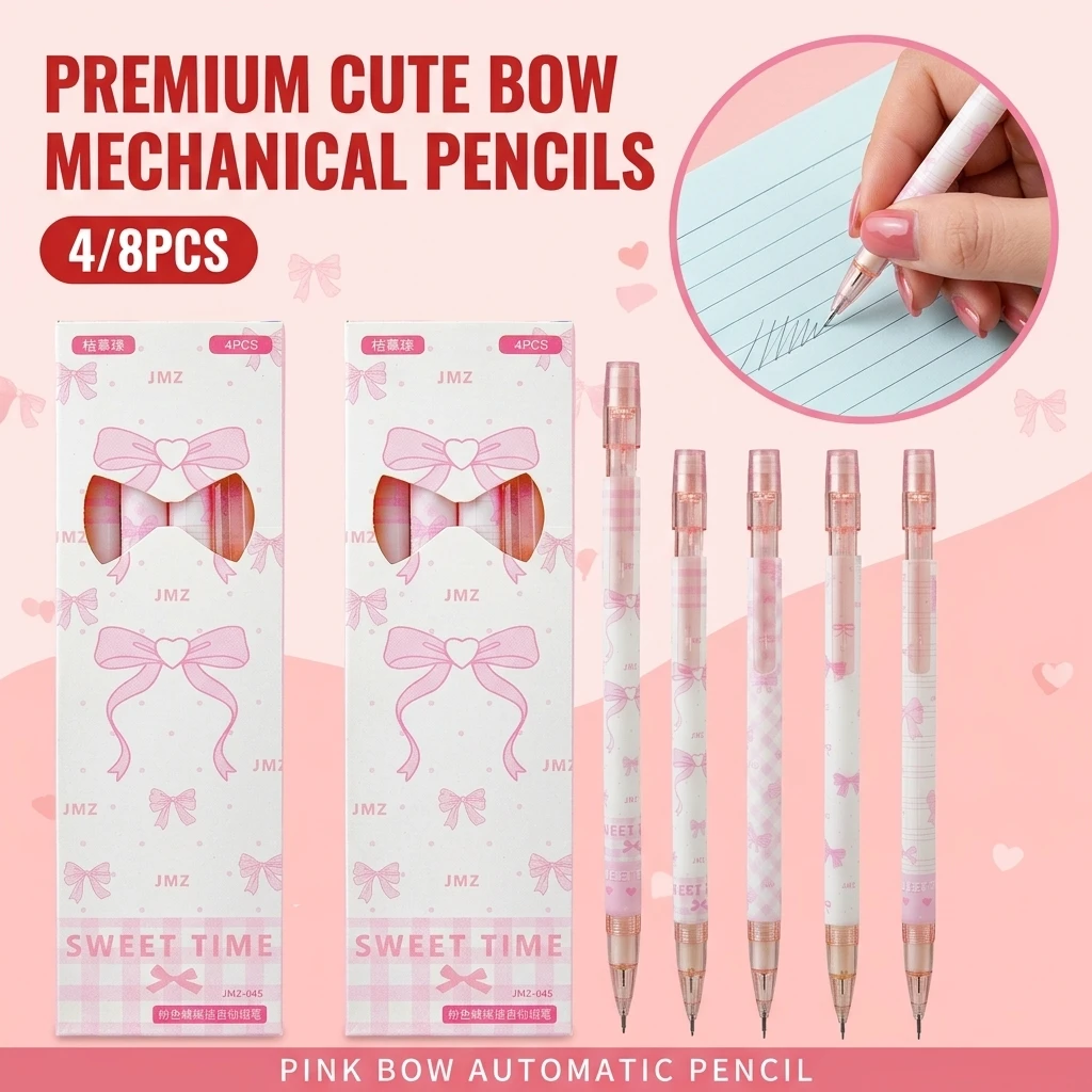 4/8PCS Pink Bow Mechanical Pencil Set 0.5mm Cute Kawaii Retractable Pencil School Office Supplies Smooth Writing