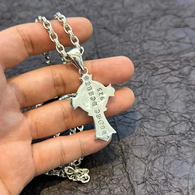 High Quality Punk Alphabet Chain Cross Necklace Men's and Women's Personality Vintage Thai Silver Alphabet Necklace Nine O'clock