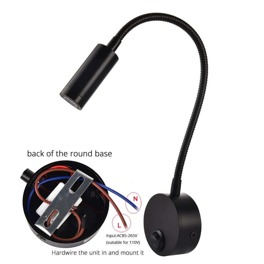 3W Wandlamp Schansen Nachtkastje Werken Studie Leesboek muur Nachtverlichtingsarmaturen Gooesneck Passen Spot LED Wit Zwart Zilver