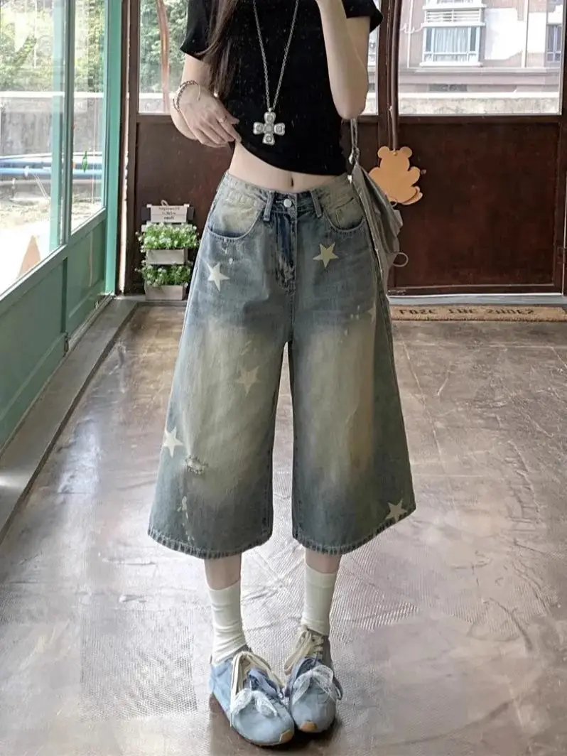 ريترو خمر فضفاض واسعة الساق الجينز أزياء المرأة ستار طباعة Y2K Harajuku الدنيم السراويل عارضة الشارع الشهير عالية الخصر غسلها السراويل