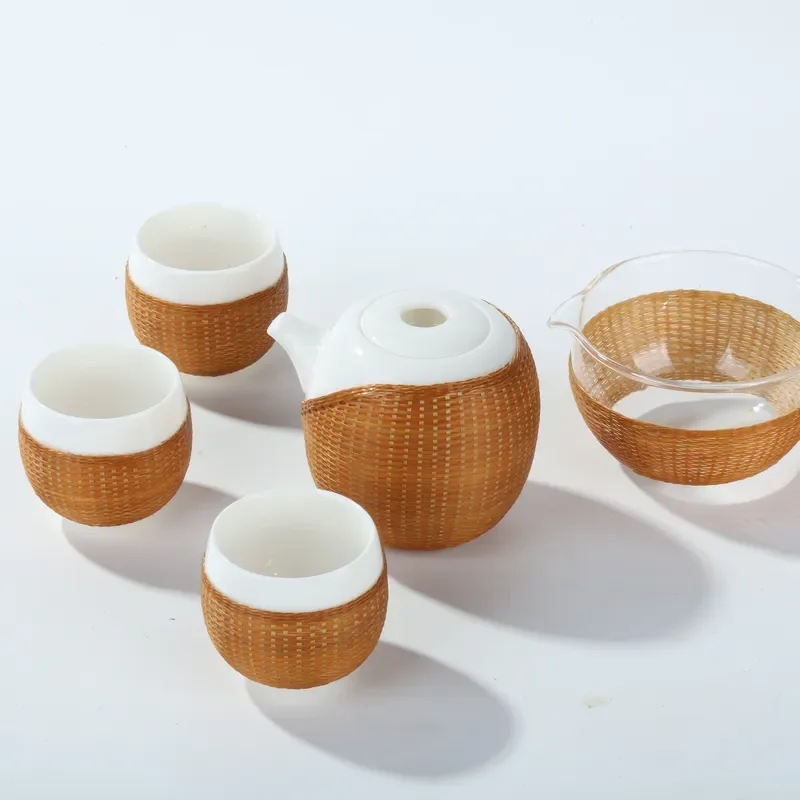 Handwoven Bamboo Tea Set Middle Eastern Style Eco Friendly Teapot with 3 Cups Kung Fu Ceremony Gift Box for Home Decor