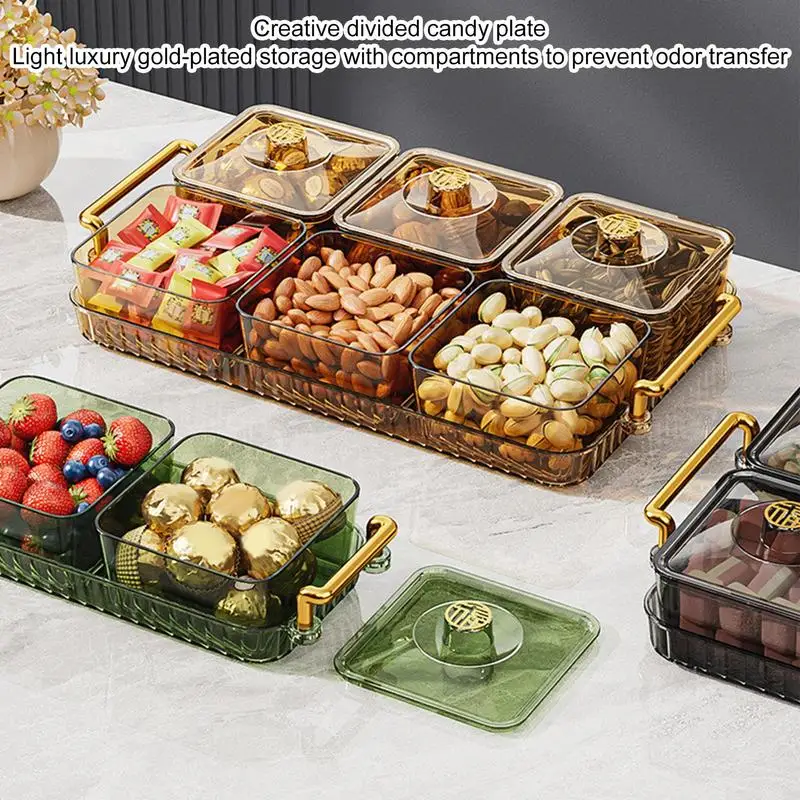 Divided Serving Platter Snack Fruit Tray Portable Transparent Modern Durable Anti-slip Divided Snack Fruit Tray With Lid