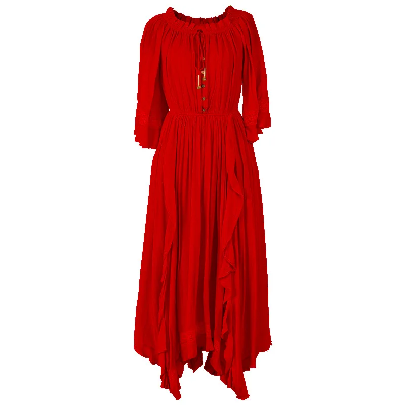 

Summer New Holiday Dress Red Big Swing Dress One Shoulder Women's Dress