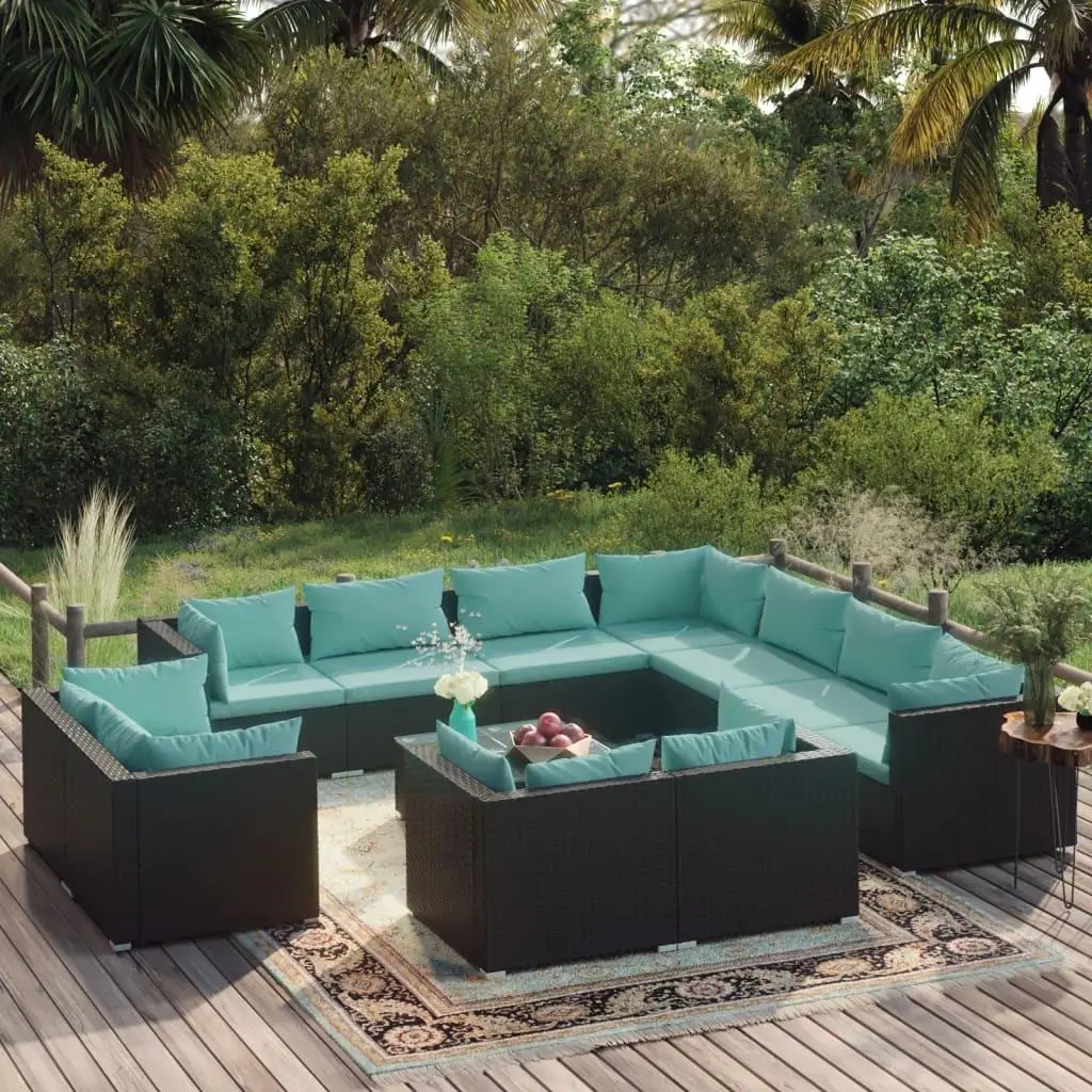 12-Piece Black Poly Rattan Patio Lounge Set with Cushions - Stylish Outdoor Furniture