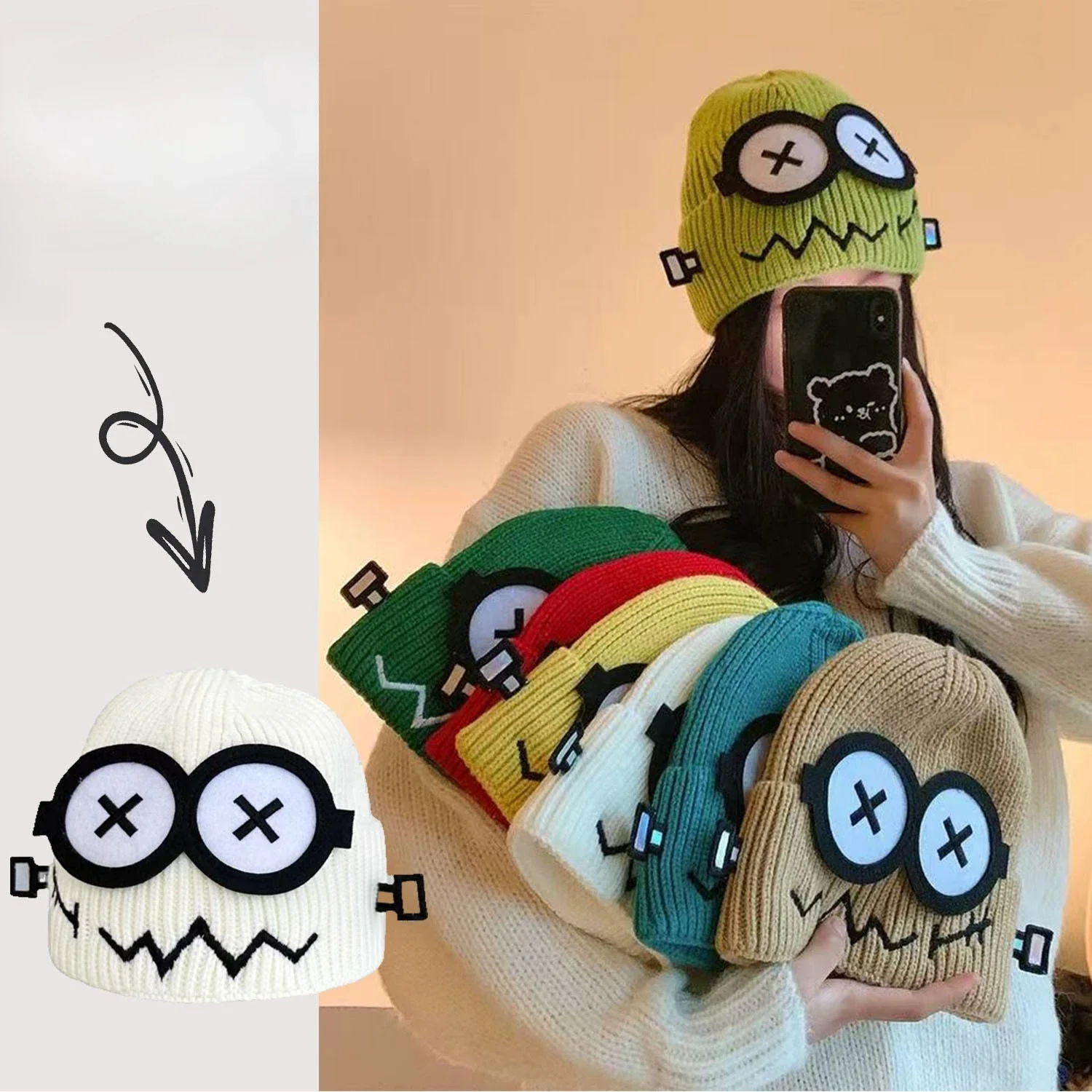 

Funny Cute Knitted Warmer Hat Women's Autumn and Winter Warm Cartoon Warm and Cold Ear Protection Hat Student Bald Hat