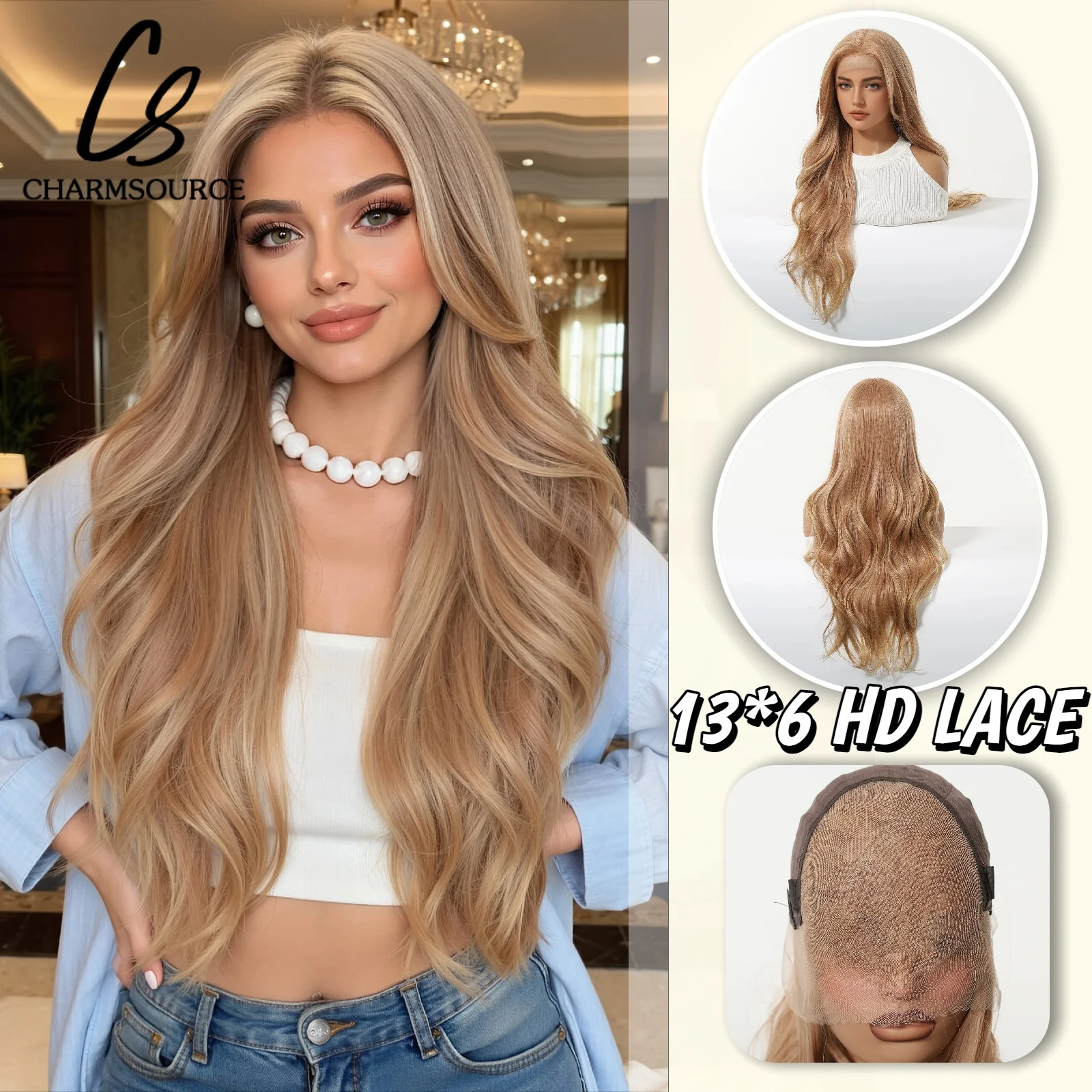 

Long Wavy Golden Brown Synthetic Lace Front Wigs 13x6 HD Lace Frontal Middle Part Wigs for Women Heat Resistant Daily Party