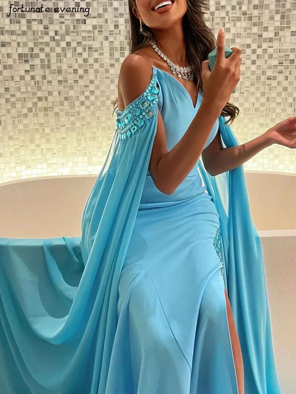 Robe de soirée à col en V perlée de cristal bleu, élégante, vintage, sexy, personnalisée, occasion formelle, Rh, soirée, quelque soit