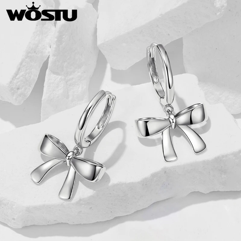 WOSTU Copper White Gold Plated Bowknot Hoop Earrings with 925 Silver Needle, Wedding Bow Drop Earrings for Women Hypoallergenic