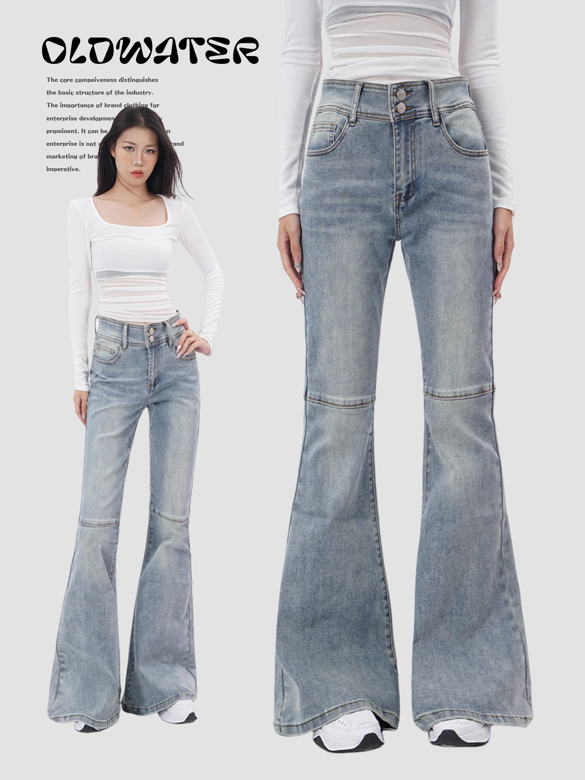 American Retro High Waist Elastic Denim Jeans Women's Double Buckle Slim Patchwork Straight Leg Floor-Length  Hoof Pants