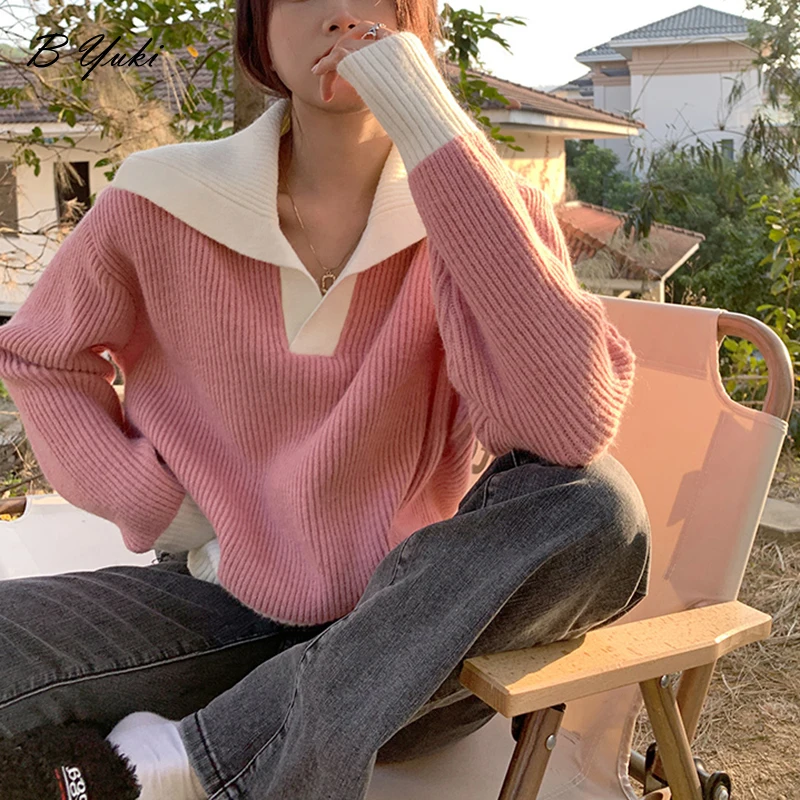 

Blessyuki Loose Knit Sweater Women Autumn Winter New Fashion Simple Casual V-neck Pullover Sweaters Female Soft Warm Lazy Tops