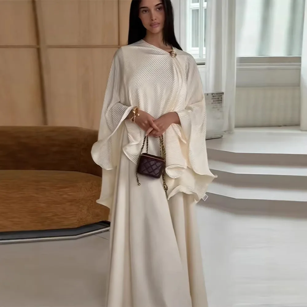 Women Pleated Satin Cape Overlay Set Single Button Asymmetric Placket Cape Blouse Draped Inner Maxi Skirt Two‑Piece Outfit260901