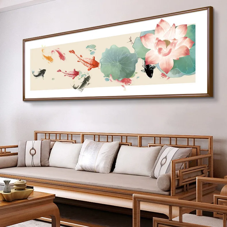 

150cm 11CT Cross Stitch Kit - Chinese Ink Painting Water Lily Lotus Needlework Embroidery Set for Home Wall Decoration Painting